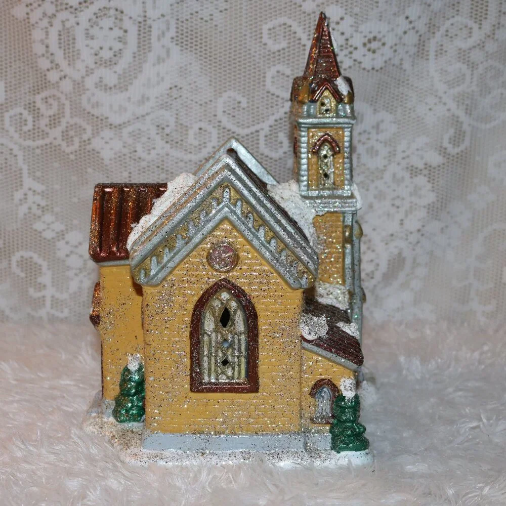 Christmas Village church handpainted ceramic *lighted cord is NOT included*